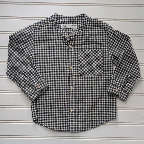Zara Kids Checkered Button Down Shirt - Navy and White - Picture 3 of 6